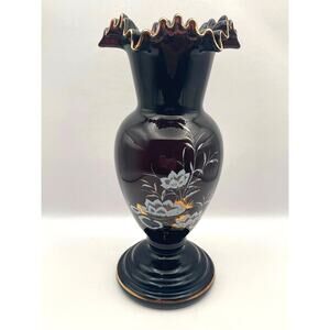 VTG Crystalex Deep Amethyst Bohemian Czech Crystal Vase Painted Flowers 8.5" Tal